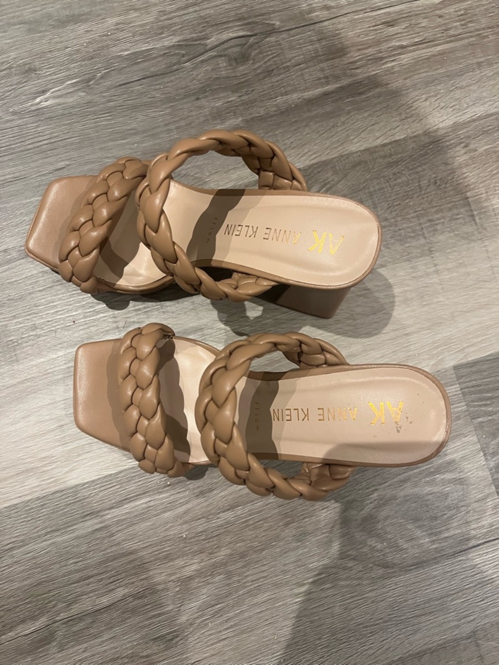 Anne Klein Braided Double Strap Tan Block Heel Mules